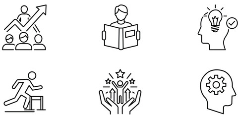 Iconic Moments: Line icons representing concepts like growth, knowledge, and achievement, meticulously crafted to capture the essence of progress and learning in simple, yet impactful visuals.