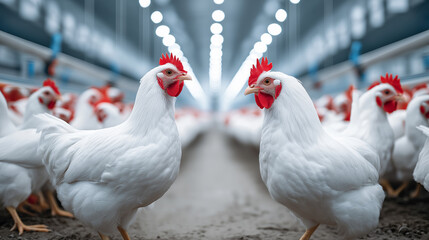 Fototapeta premium White chickens inside an industrial poultry farm representing modern food production. 