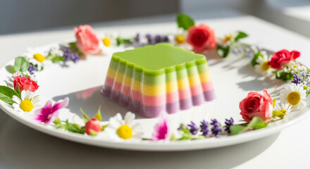 colorful pudding on a plate with flowers
