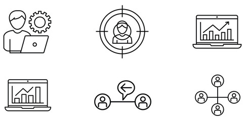 Icons of Business and Technology: A collection of concise icons illustrating business processes and technological concepts, ideal for web design and presentations.