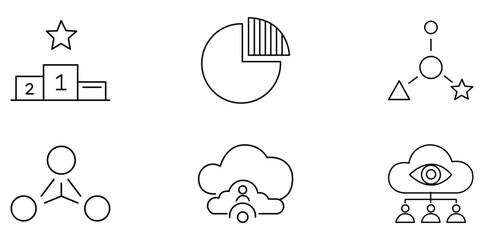 Line art icons for Business: A suite of sleek, monochrome icons offering visual metaphors for success, data, connection, and secure cloud storage