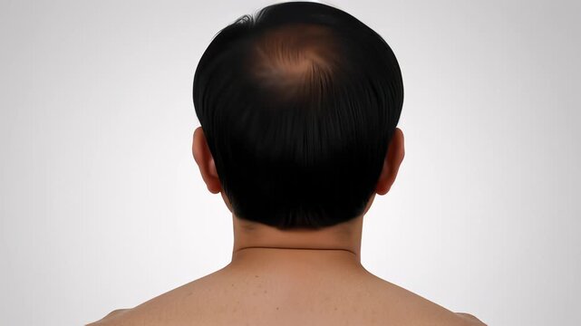 Rear view of a male head morphing from pattern baldness to full hair regrowth, visualizing successful alopecia treatment and transplant results.