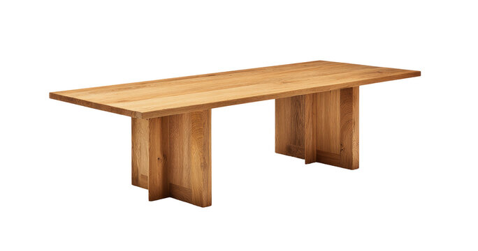 A light-brown wooden dining table, rectangular and simple.  Supports are  two  chunky pillars