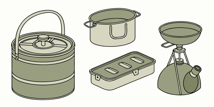 Isolated illustration of essential military style mess kit components including a stacking food container cooking pot and portable stove for outdoor use