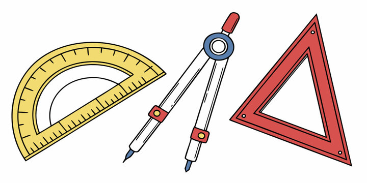 A collection of essential drafting and geometry tools including a yellow protractor a metal compass and a red triangle ruler isolated on white