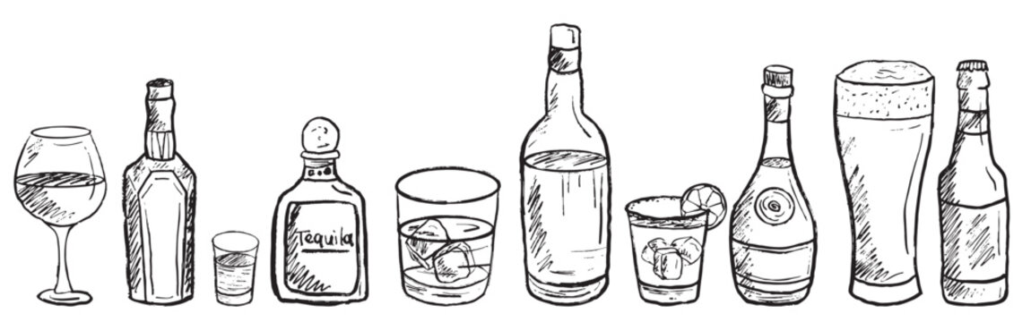 Hand drawn alcohol drinks in bottles and glasses for bar menu. Party invitation. Tequila, wine, beer, gin, brandy. Vector sketch illustration in vintage charcoal ink