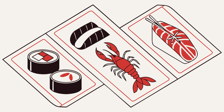 Stylized Japanese hanafuda playing cards featuring minimalist illustrations of sushi rolls, eel, lobster, and nigiri fish for unique food-themed game design concepts.