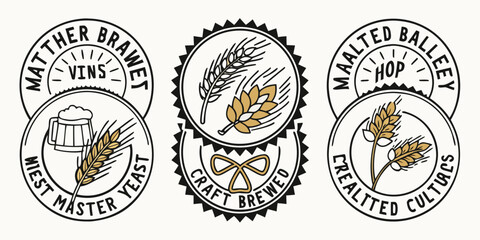 Collection of six vintage inspired circular emblems representing craft brewing ingredients like malt, hops, yeast, and the process of making artisanal beverages.