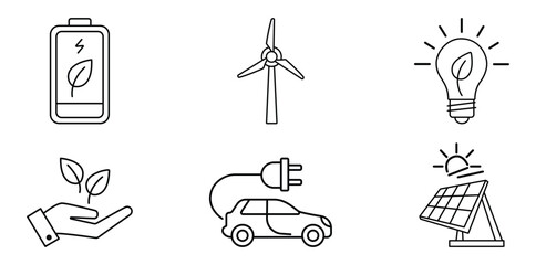 Eco-Friendly Icons: A visual collection of minimalistic line art icons representing eco-friendly initiatives, sustainable practices, and renewable energy solutions.