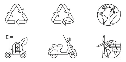 Green Planet: Illustrative icons conveying environmental consciousness, featuring recycling symbol, eco-friendly energy, and sustainable transport options. 
