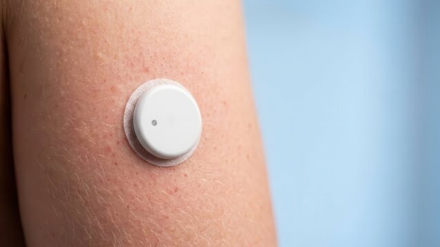 Extreme macro close-up of continuous glucose monitor sensor patch on human arm with realistic skin texture and pores