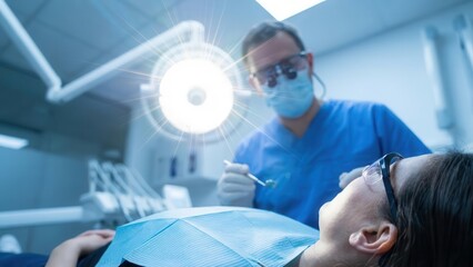 POV patient perspective from dental chair looking at surgical light and blurred dentist in sterile blue clinic room