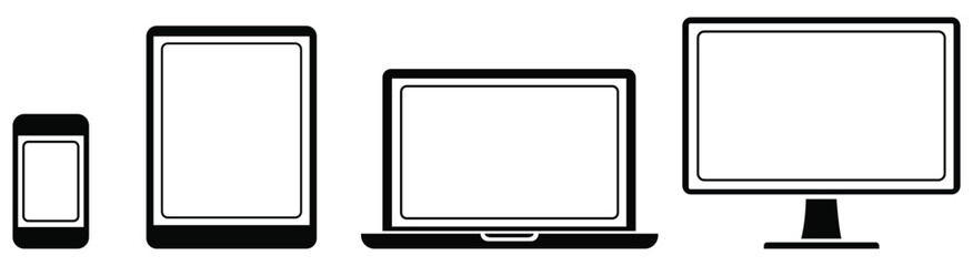Digital Device Array: A minimalist illustration of a digital ecosystem with a smartphone, tablet, laptop, and desktop monitor, creating a cohesive set.