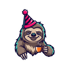 Obraz premium Cartoon Sloth Celebrating with Coffee Cup.