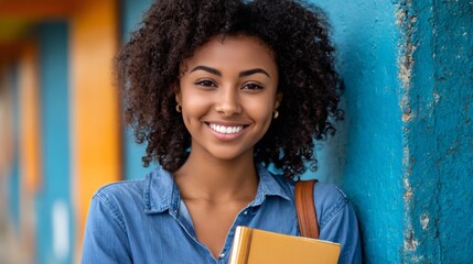 Happy black woman student smiling holding book