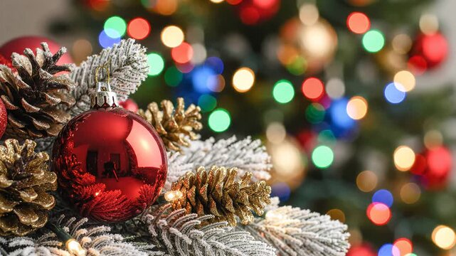 Close up of Christmas tree ornaments and pine cones with bokeh lights.