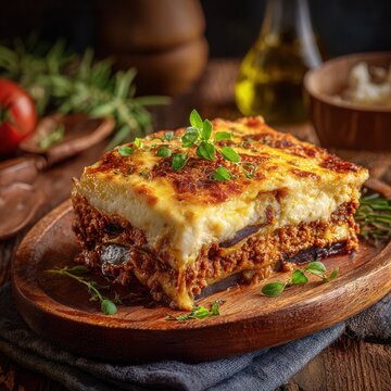 deliciously baked moussaka on a wooden plate, crispy golden-brown cheese topping, visible rich layers of meat and vegetables, garnished with fresh herbs, warm natural lighting highlight