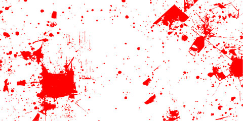A red grunge vector illustration featuring a blood splatter and ink drip pattern with liquid paint splashes, dirty stains, and artistic spray drops on a textured crimson background