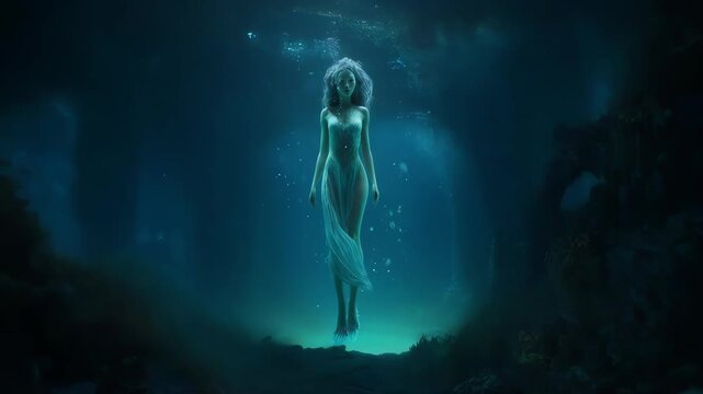 Ethereal figure glides gracefully through underwater ruins