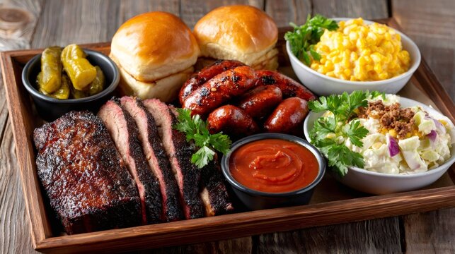 Barbecue platter with smoked brisket, sausages, corn, and sides