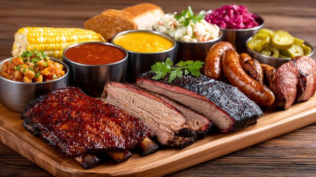Barbecue meat platter featuring smoked brisket and ribs with sides