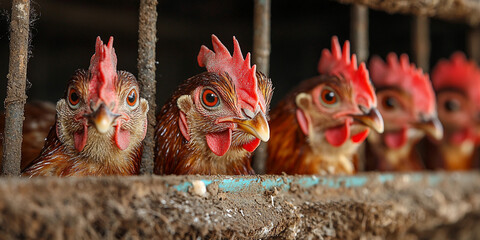 Chickens in rural pens waiting for health check Generative AI