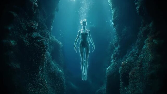 Ethereal figure gracefully floats in serene underwater chasm
