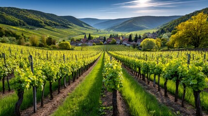 Fototapeta premium Vineyards stretching to scenic village in valley landscape