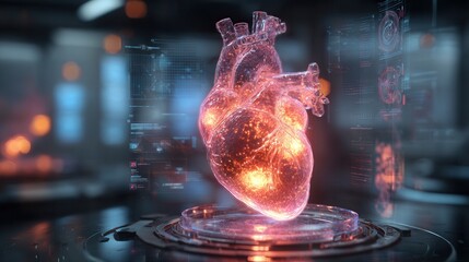 glowing holographic human heart model being analyzed in a futuristic biotechnology laboratory, neon reflections on glass and metallic surfaces, digital data and holographic interfaces 