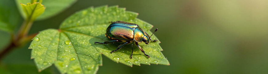 Naklejka premium delicate iridescent beetle sparkles soft golden light morning dew vibrant leaf set blurred