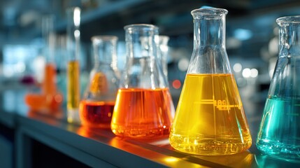 laboratory glassware filled with colorful liquids, arranged on a lab bench, representing science research and development concept, reflections and highlights on glass surfaces