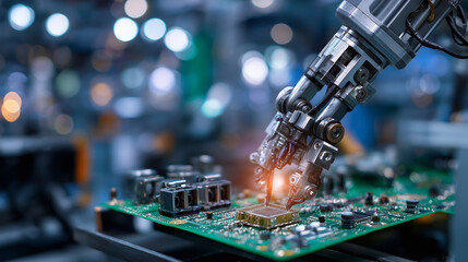 Robotic arm assembling electronic circuit board, faceless laboratory facility automation, industrial manufacturing precision, technology production systems, automated assembly, wit