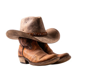 Worn cowboy hat and boots, close-up.  A weathered brown cowboy hat rests atop a pair of worn leather cowboy boots