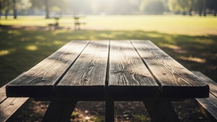 Fototapeta premium Empty Wooden Picnic Table in a Sunny Park Setting with Blurred Green Background.