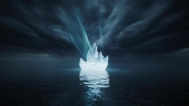 A luminous iceberg emerges amidst dark, stormy skies