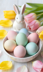 group six pastel easter eggs sit delicate white ceramic bowl surrounded bright yellow soft pink tulip petals perched atop