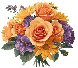 Ornate bouquet of peach roses, yellow daisies, and purple flowers