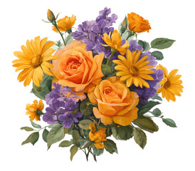 Vibrant bouquet of orange roses, yellow daisies, and purple lilacs