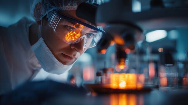 scientist wearing protective goggles examining a glowing sample under a microscope in a high-tech laboratory, futuristic lab equipment and monitors in the background, vibrant glowing 