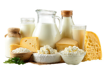 Assorted dairy products displayed.  Various cheeses, milk jugs, and yogurt in bowls