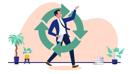Businessman walking through a green circular economy arrow symbol representing sustainable corporate growth, eco-friendly business practices and recycling concepts in a modern flat design vector