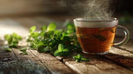 steaming glass cup of herbal mint tea, surrounded by fresh green mint leaves on a rustic wooden table, soft natural light highlighting the steam, warm and cozy atmosphere