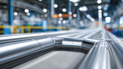 Fototapeta premium Steel pipelines running through a modern factory, industrial setting with metal textures, realistic lighting, detailed pipes and connectors, spacious manufacturing environment