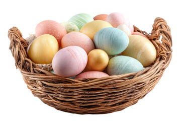 Colorful Easter eggs in a shallow, woven basket