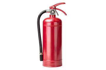 Red fire extinguisher, upright, against black background.  Shiny metal, hose and nozzle. Safety equipment
