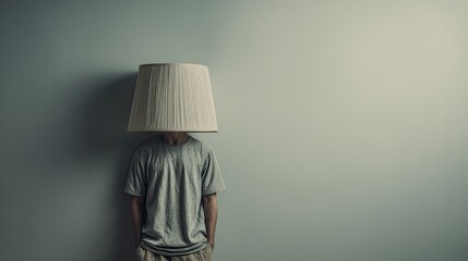 Person hiding head under lamp shade at wall, ymbolizing anonymity and concealment