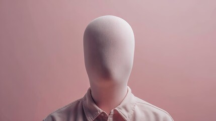 Faceless person wearing a pink mask and shirt stands against a pink background,  representing anonymity
