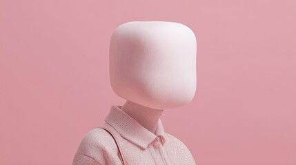 Faceless person wearing a pink mask and shirt stands against a pink background,  representing anonymity