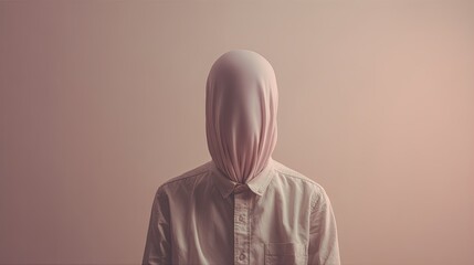 Faceless person wearing a pink mask and shirt stands against a pink background,  representing anonymity
