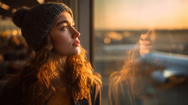young woman standing by large airport windows, looking out at an airplane during sunset, warm golden light casting soft glow on her face and hair, casual travel outfit